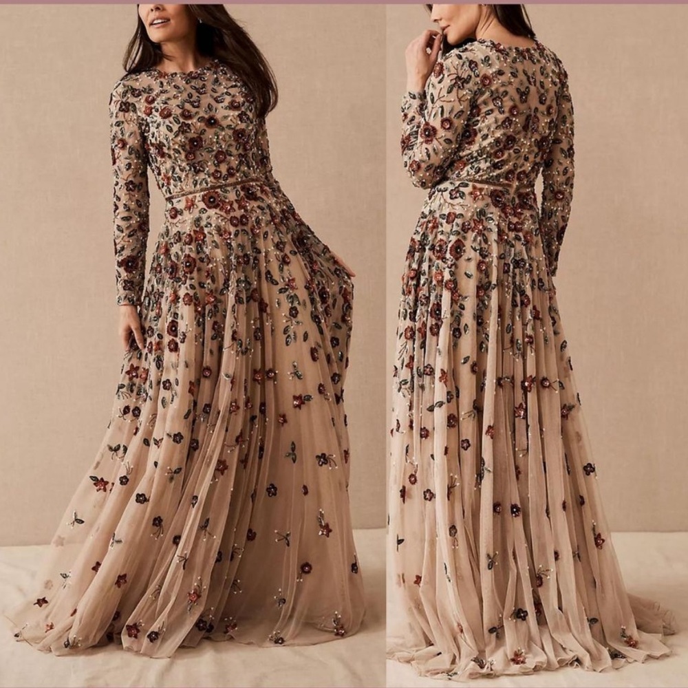 NWT $698 MAC DUGGAL Beige Embellished High Neck Long Sleeve A Line Gown DRESS - Picture 4 of 8